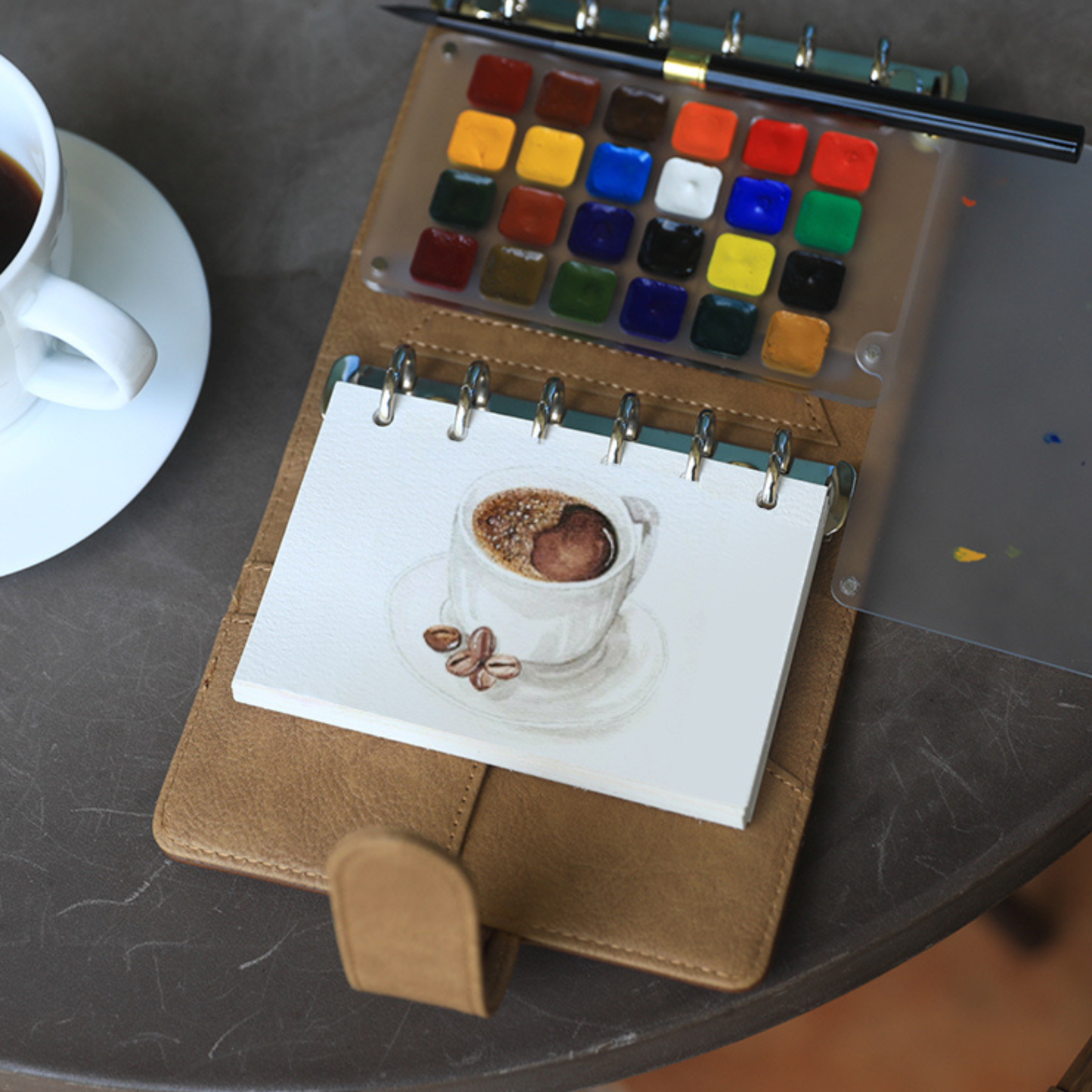 Sketchbook 24-Color Travel Set of Brown Leather Watercolor