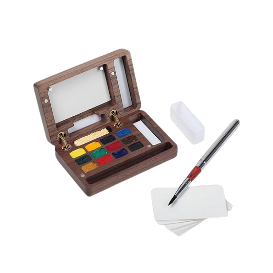 Walnut Wood 12-Color Portable Watercolor Box Travel Set with Leather Pouch