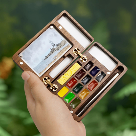 Walnut Wood 12-Color Portable Watercolor Box Travel Set with Leather Pouch