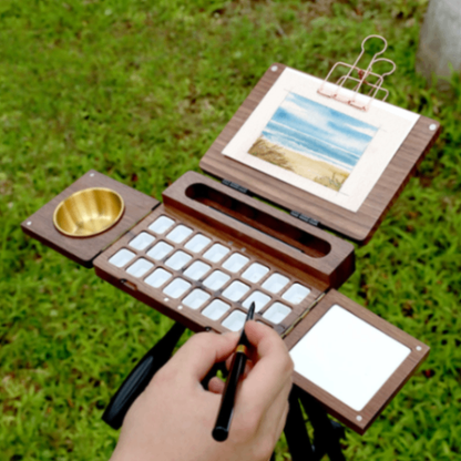 Walnut wood watercolor travel case for outdoor sketching