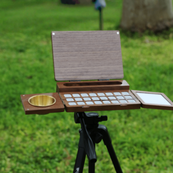Walnut wood watercolor travel case for outdoor sketching